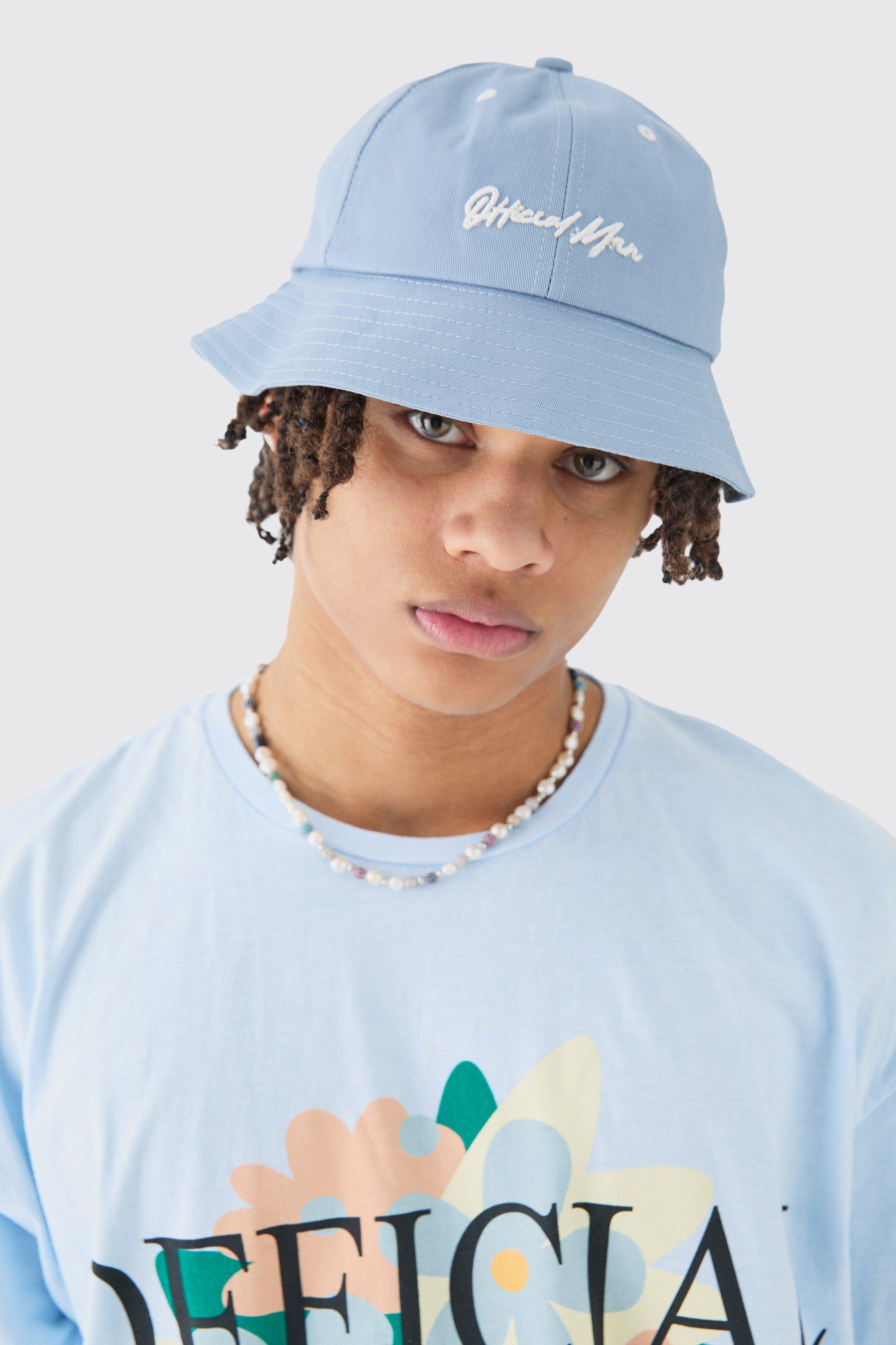 Mens Official Man Embroidered Bucket Hat In Dusty Blue, Blue